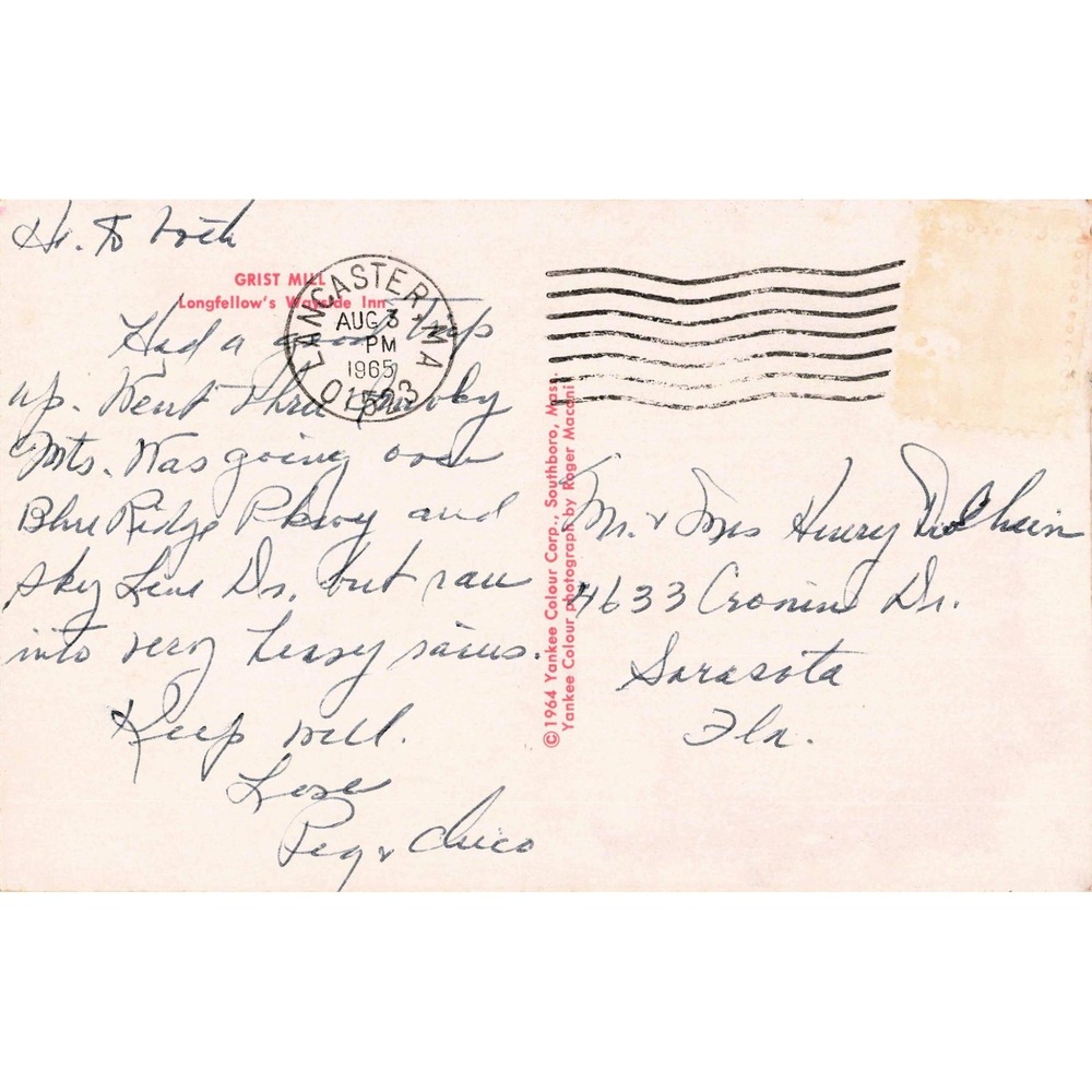 Vintage 1965 Grist Mill Longfellows Wayside Inn Sudbury MA Postcard Red Wheel - Picture 2 of 2